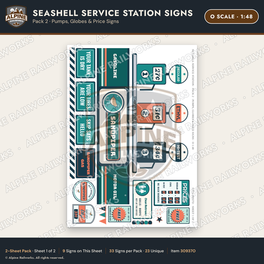 Alpine Railworks 30937O O Scale Roadside Signs - Seashell Gas Station