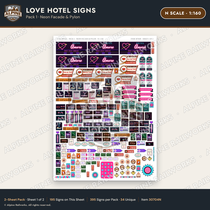 Alpine Railworks 30704N N Scale Love Hotel Signs - Neon Facade & Pylon