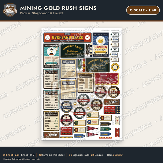 Alpine Railworks 30263O O Scale Mining Gold Rush Signs - Stagecoach