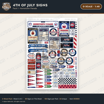 Alpine Railworks 30368O O Scale 4th of July Signs - Hometown Parade