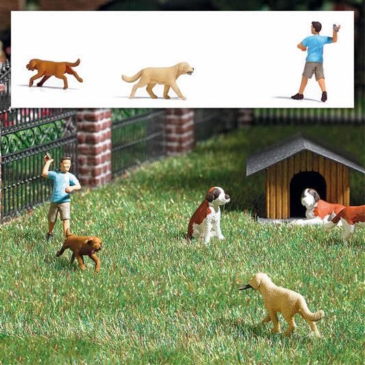 Busch 7896 HO Scale Playing Fetch with Dogs - Action Set -- 2 Dogs, 1 Figure