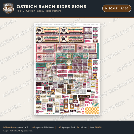 Alpine Railworks 31135N N Scale Roadside Signs - Ostrich Farm