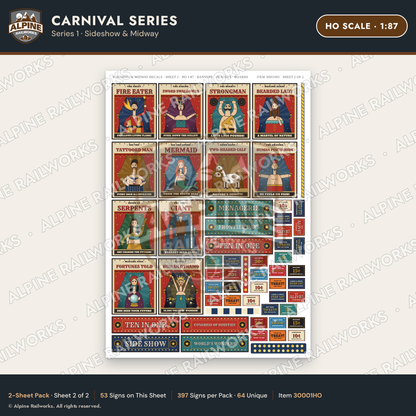 Alpine Railworks 30001HO HO Scale Carnival Signs - Sideshow & Midway