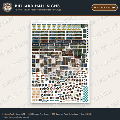Alpine Railworks 30103N N Scale Billiard Hall Signs