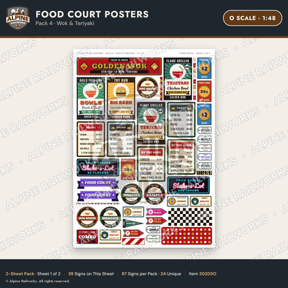 Alpine Railworks 30203O O Scale Food Court Posters - Wok & Teriyaki