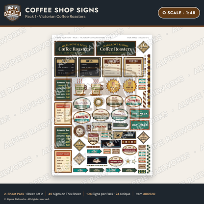 Alpine Railworks 30092O O Scale Coffee Shop Signs
