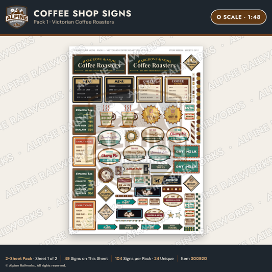 Alpine Railworks 30092O O Scale Coffee Shop Signs