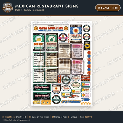 Alpine Railworks 30389O O Scale Mexican Restaurant Signs