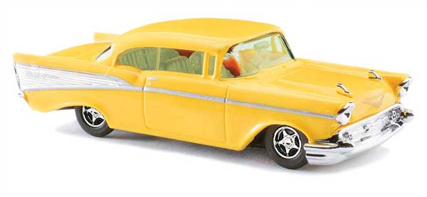 Busch 45026 HO Scale 1957 Chevrolet Bel Air Coupe - Assembled -- Yellow, White
