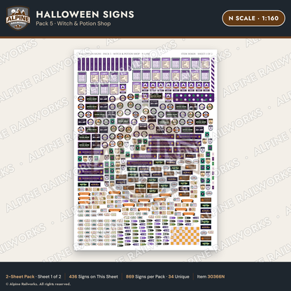 Alpine Railworks 30366N N Scale Halloween Signs - Witch & Potion Shop
