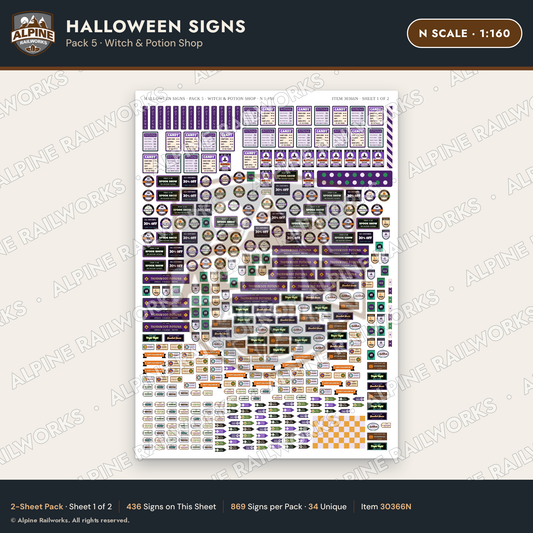 Alpine Railworks 30366N N Scale Halloween Signs - Witch & Potion Shop