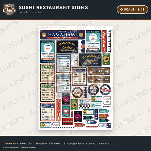 Alpine Railworks 30422O O Scale Sushi Restaurant Signs - Sushi Bar