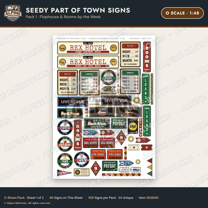 Alpine Railworks 30284O O Scale Seedy Part of Town Signs - Flophouse