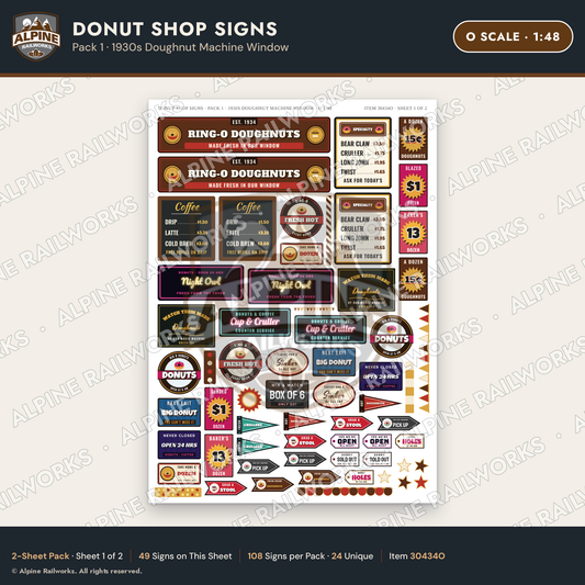 Alpine Railworks 30434O O Scale Donut Shop Signs