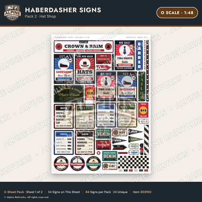 Alpine Railworks 30315O O Scale Haberdasher Signs - Hat Shop