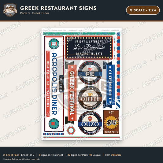 Alpine Railworks 30406G G Scale Greek Restaurant Signs - Greek Diner