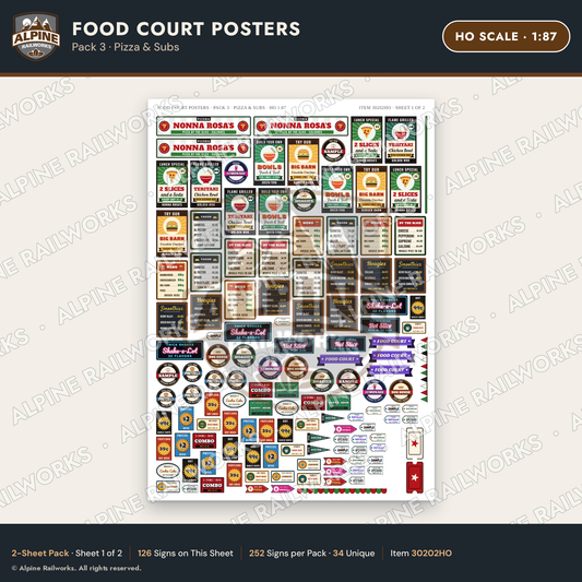 Alpine Railworks 30202HO HO Scale Food Court Posters - Pizza & Subs
