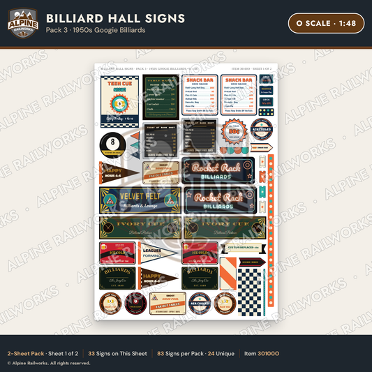 Alpine Railworks 30100O O Scale Billiard Hall Signs - Googie Billiards