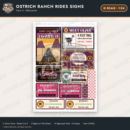 Alpine Railworks 31138G G Scale Roadside Signs - Ostrich Farm
