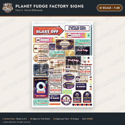 Alpine Railworks 31216O O Scale Fudge Factory Signs - Route Billboards