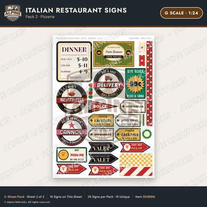 Alpine Railworks 30399G G Scale Italian Restaurant Signs - Pizzeria