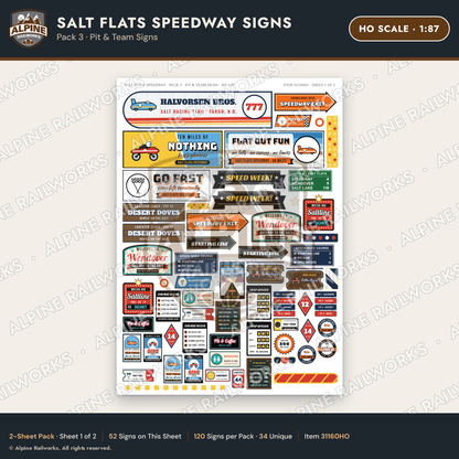 Alpine Railworks 31160HO HO Scale Racing Signs - Salt Flats Speedway
