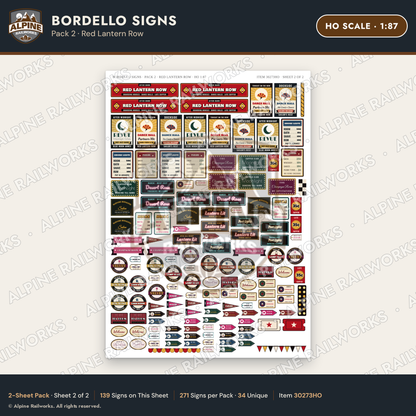Alpine Railworks 30273HO HO Scale Bordello Signs - Red Lantern Row