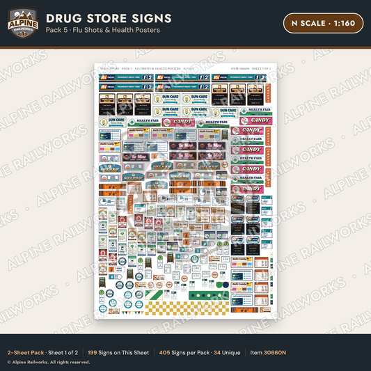 Alpine Railworks 30660N N Scale Drug Store Signs - Flu Shots