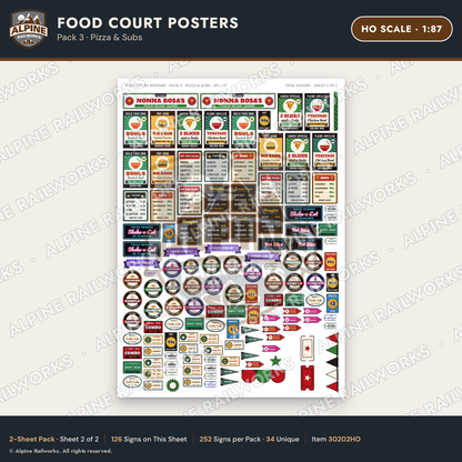 Alpine Railworks 30202HO HO Scale Food Court Posters - Pizza & Subs