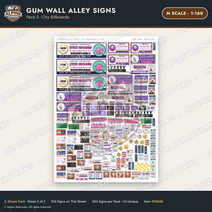 Alpine Railworks 31084N N Scale Roadside Signs - Bubblegum Alley