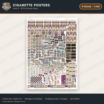 Alpine Railworks 30187N N Scale Cigarette Posters - 1970s Smoke Shop