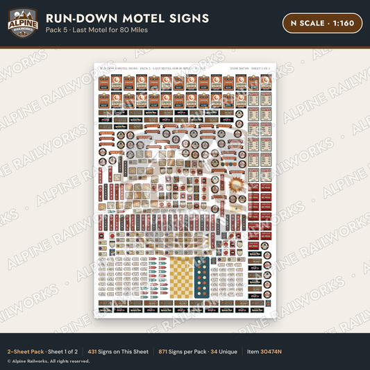 Alpine Railworks 30474N N Scale Run-Down Motel Signs