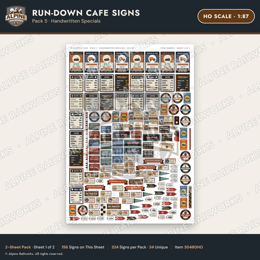 Alpine Railworks 30480HO HO Scale Run-Down Cafe Signs