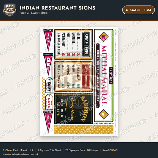 Alpine Railworks 30394G G Scale Indian Restaurant Signs - Sweet Shop