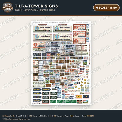 Alpine Railworks 31050N N Scale Roadside Signs - Leaning Tower
