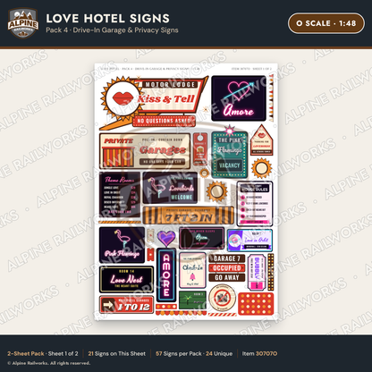 Alpine Railworks 30707O O Scale Love Hotel Signs - Drive-In Garage