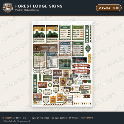 Alpine Railworks 30465O O Scale Forest Lodge Signs - Cabin Rentals