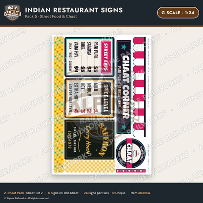Alpine Railworks 30396G G Scale Indian Restaurant Signs - Street Food