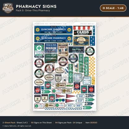 Alpine Railworks 30312O O Scale Pharmacy Signs - Drive-Thru Pharmacy