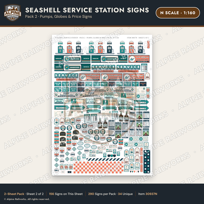 Alpine Railworks 30937N N Scale Roadside Signs - Seashell Gas Station