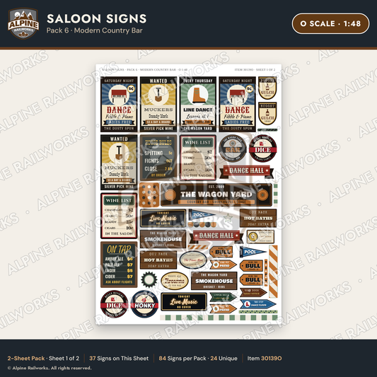 Alpine Railworks 30139O O Scale Saloon Signs - Modern Country Bar