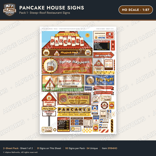 Alpine Railworks 31194HO HO Scale Pancake House Signs - Storefront