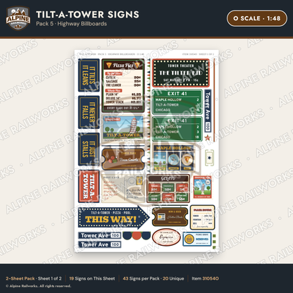 Alpine Railworks 31054O O Scale Roadside Signs - Leaning Tower