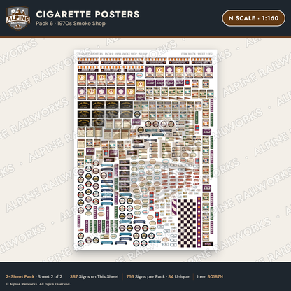 Alpine Railworks 30187N N Scale Cigarette Posters - 1970s Smoke Shop