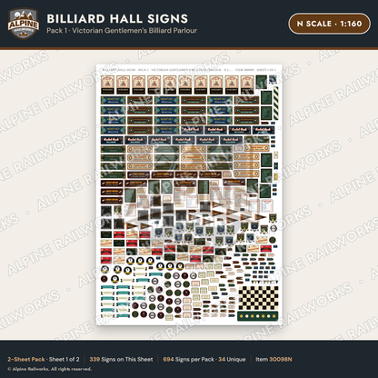 Alpine Railworks 30098N N Scale Billiard Hall Signs