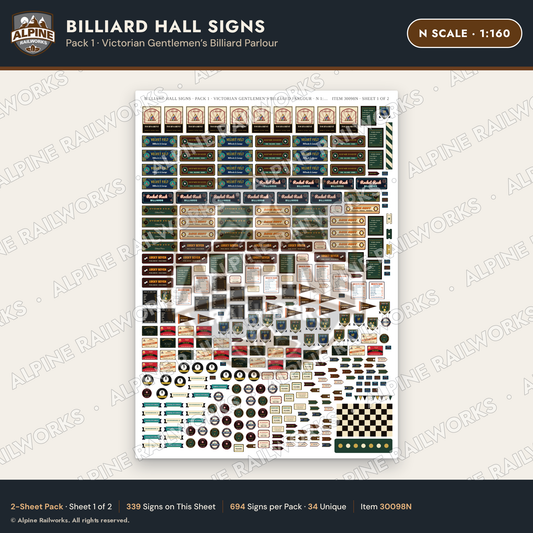 Alpine Railworks 30098N N Scale Billiard Hall Signs