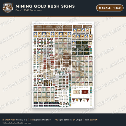 Alpine Railworks 30260N N Scale Mining Gold Rush Signs - 1849 Boomtown