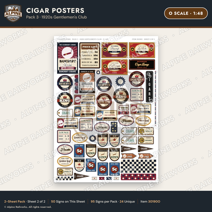 Alpine Railworks 30190O O Scale Cigar Posters - 1920s Gentlemen's Club