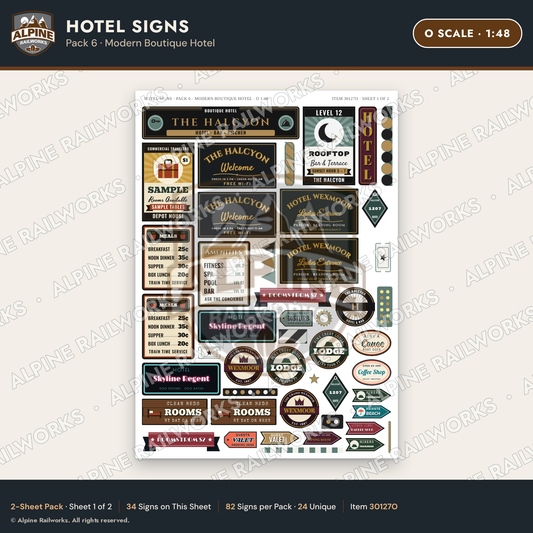 Alpine Railworks 30127O O Scale Hotel Signs - Modern Boutique Hotel