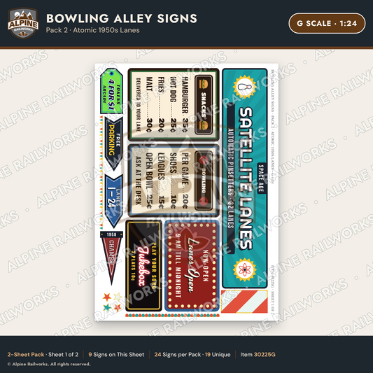Alpine Railworks 30225G G Scale Bowling Alley Signs - Atomic Lanes